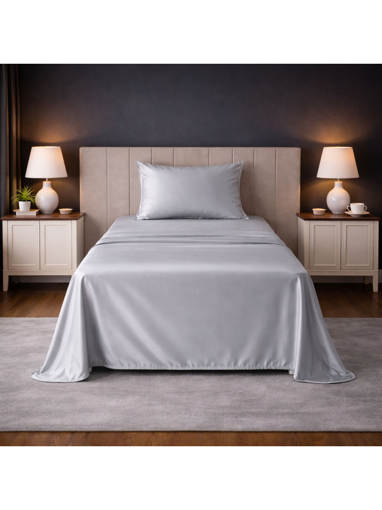 LANE LINEN Silver Satin Fantasy Cotton Bedsheet with 1 Pillow Cover (Single)-image-46