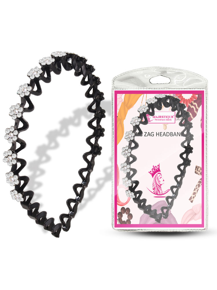 Majestique Stylish Floral Crystal Zigzag Hairband - Black-image-28