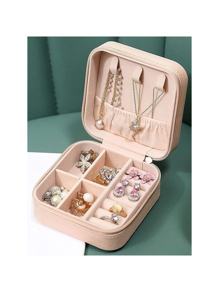 Estele Jewellery Organiser Box Leather Zipper Lock Portable Pink Jewellery Storage Box