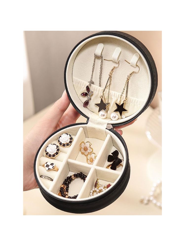 Estele Leather Zipper Lock Portable Black Jewellery Storage Box Case with Dividers