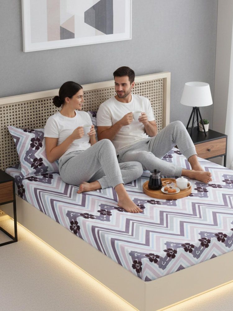 FABINALIV Multicolour Geometric 300 TC Cotton Blend Super King Bedsheet with 2 Pillow Covers-image-23