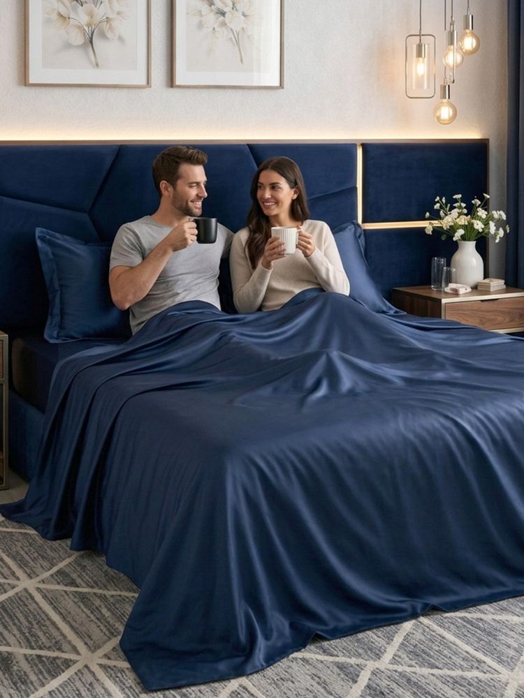 FABINALIV Blue Solid 300 TC Super King Satin Bedsheet with 2 Pillow Covers-image-4