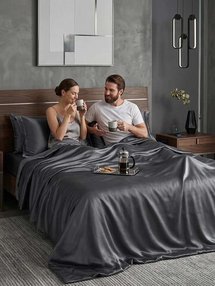 FABINALIV Grey Solid 300 TC Super King Satin Bedsheet with 2 Pillow Covers-image-2