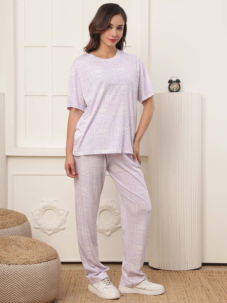 Kanvin Women Lavender Printed T-shirt and Pyjama-picture-33