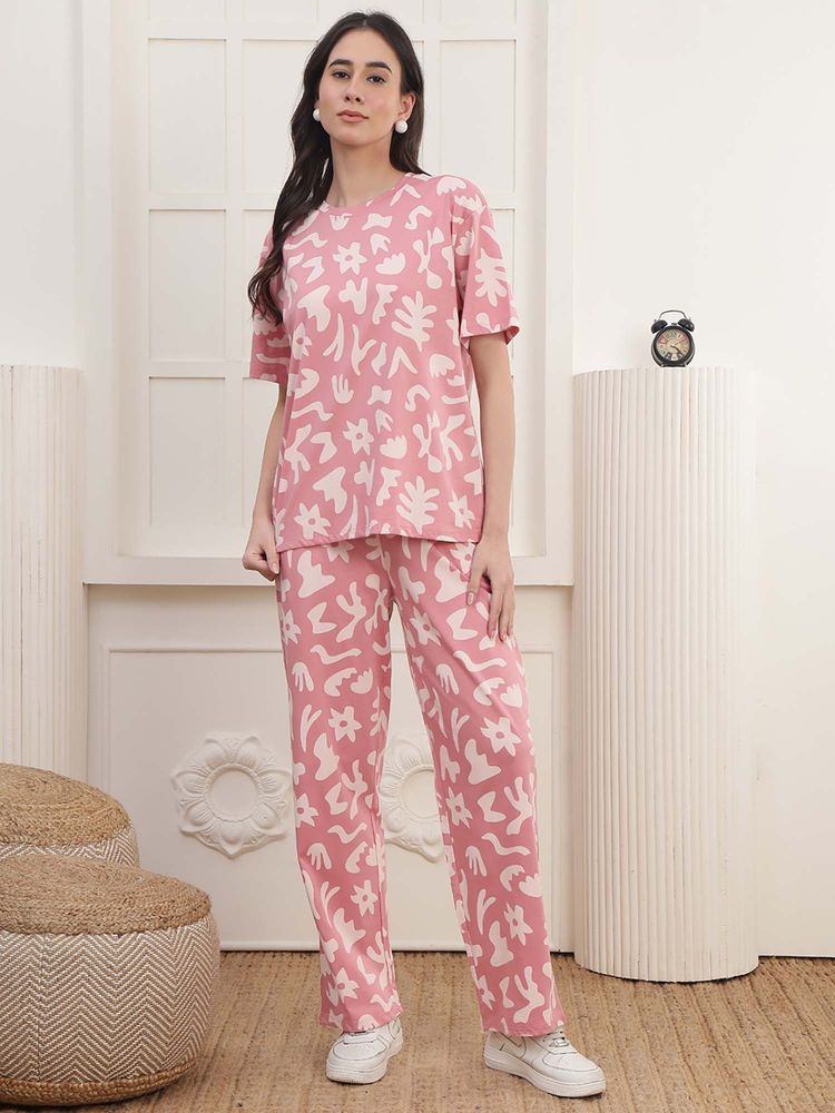 Kanvin Women Pink Printed T-shirt and Pyjama-picture-29