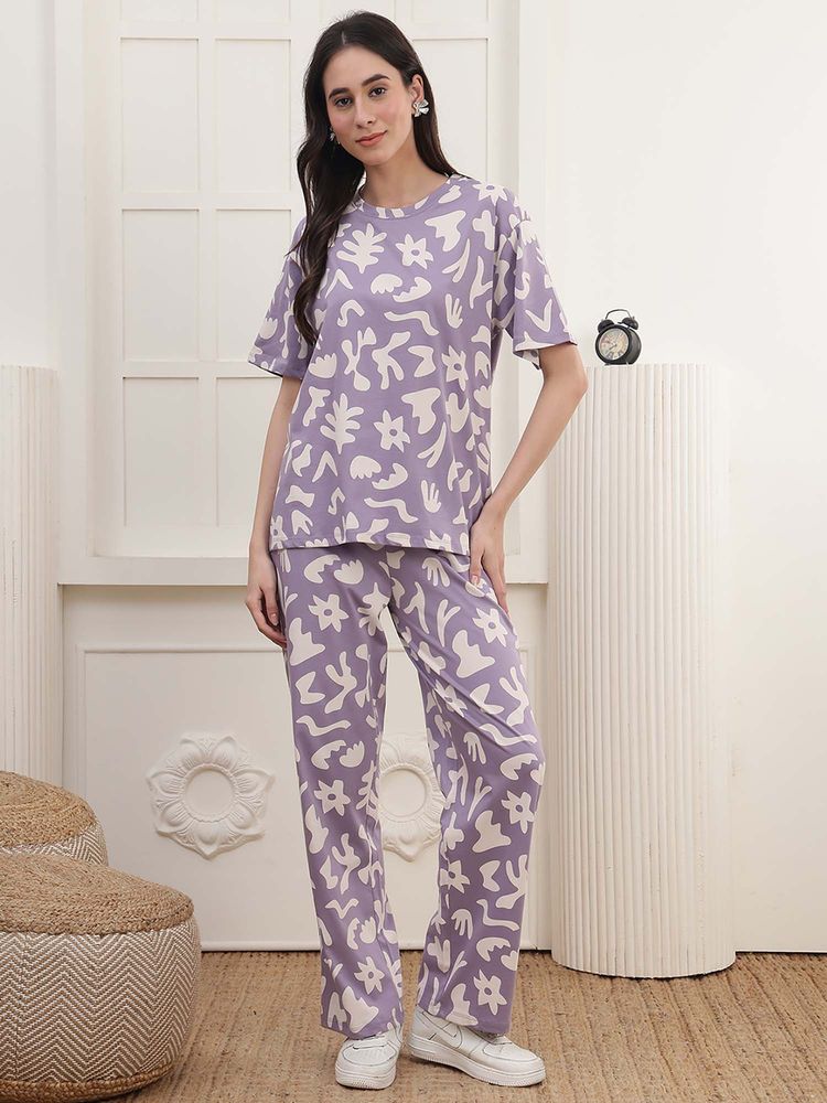 Kanvin Women Lavender Printed T-shirt and Pyjama-picture-30