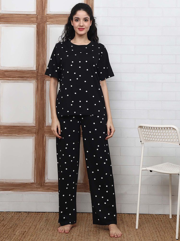 Kanvin Women Black Polka Dot Printed T-shirt and Pyjama-picture-17