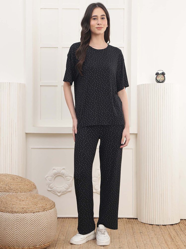 Kanvin Women Black Polka Dot Printed T-shirt and Pyjama-picture-50