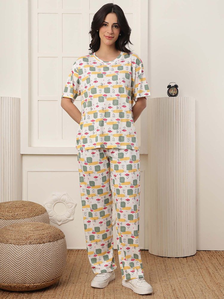 Kanvin Women Green Floral Printed T-shirt and Pyjama-picture-25