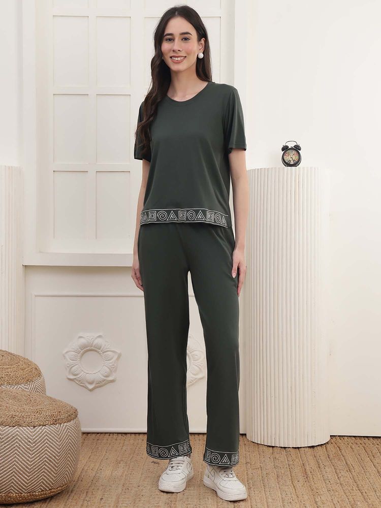 Kanvin Women Olive Embroidered T-shirt and Pyjama-picture-23