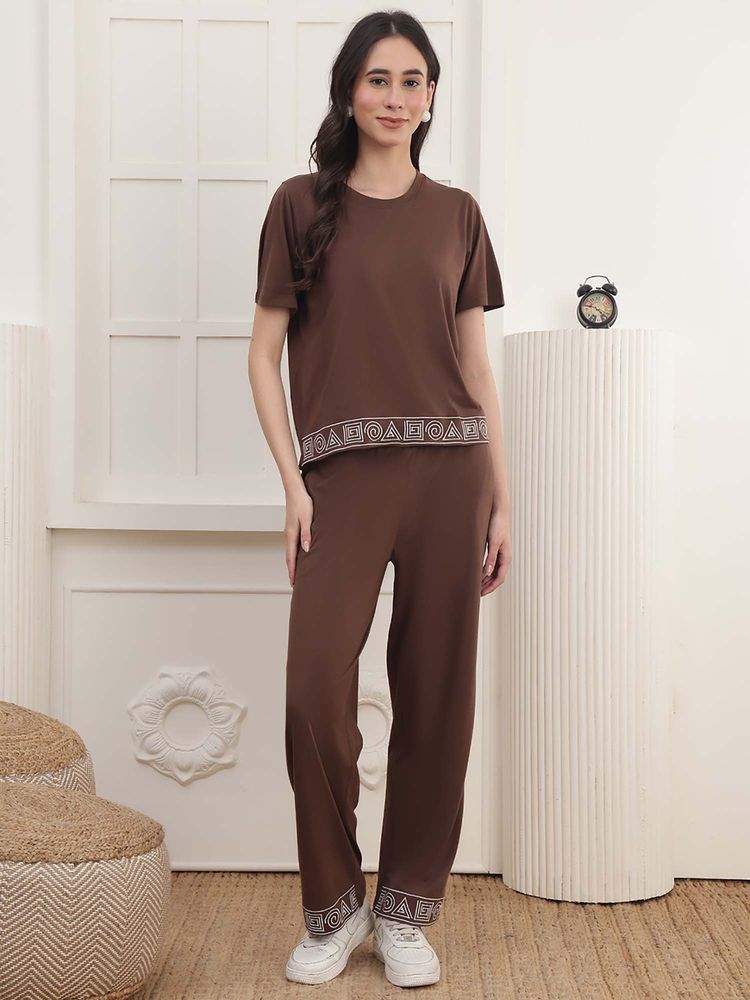 Kanvin Women Brown Embroidered T-shirt and Pyjama-picture-27