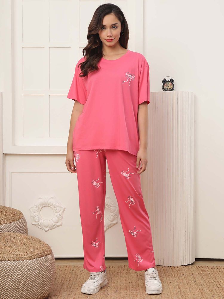 Kanvin Women Pink Printed T-shirt and Pyjama-picture-28