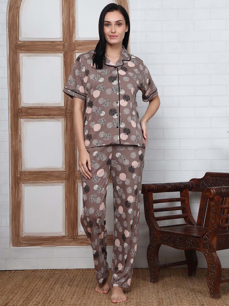 Kanvin Women Brown Printed Shirt and Pyjama-picture-17