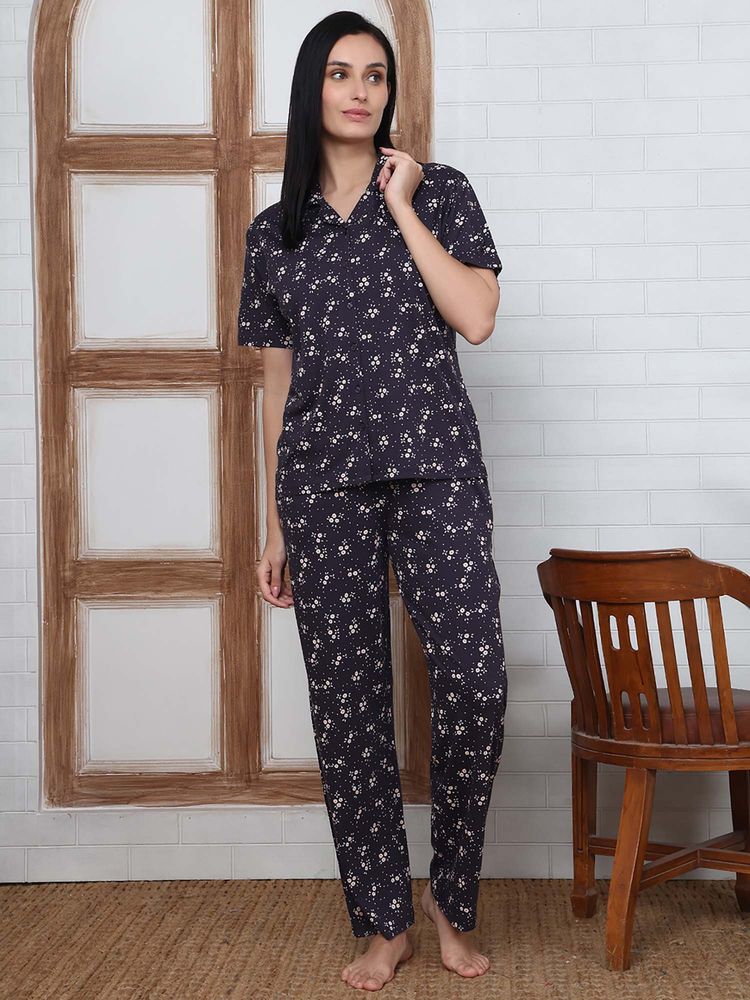 Kanvin Women Navy Blue Floral Printed Shirt and Pyjama-picture-12