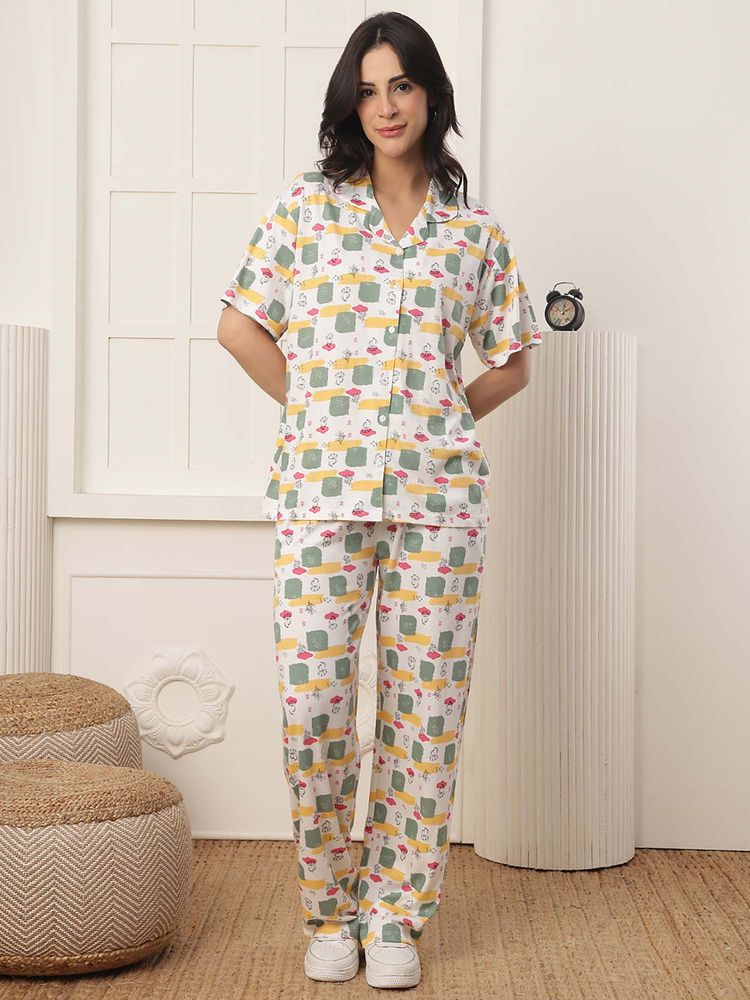 Kanvin Women Green Floral Printed Shirt and Pyjama-picture-14