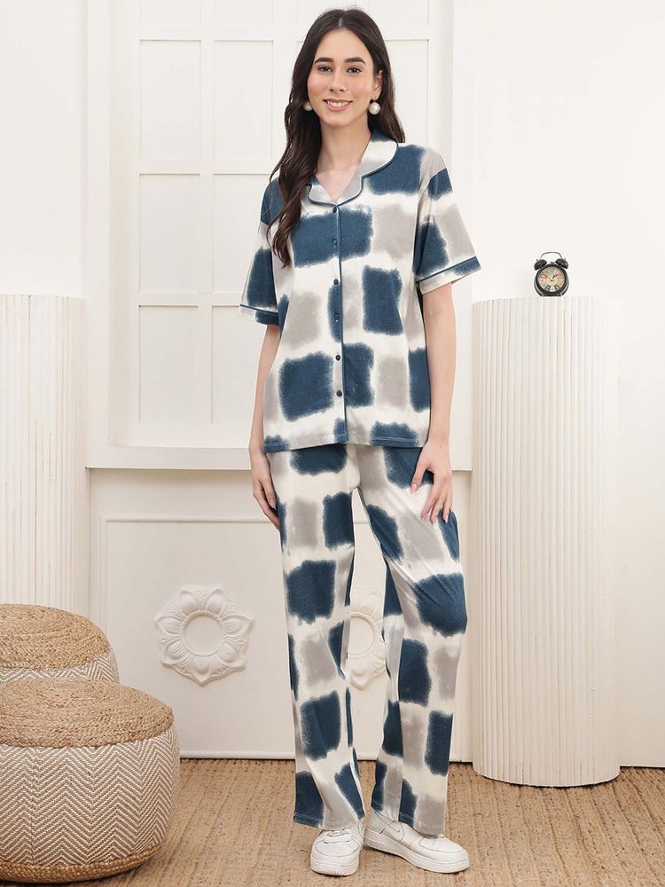 Kanvin Women Blue-Grey Printed Shirt and Pyjama-image-5
