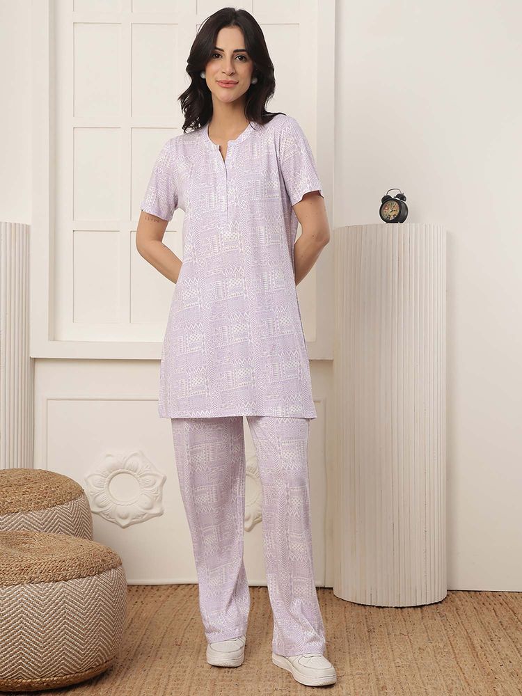 Kanvin Women Lavender Printed Top and Pyjama-image-36
