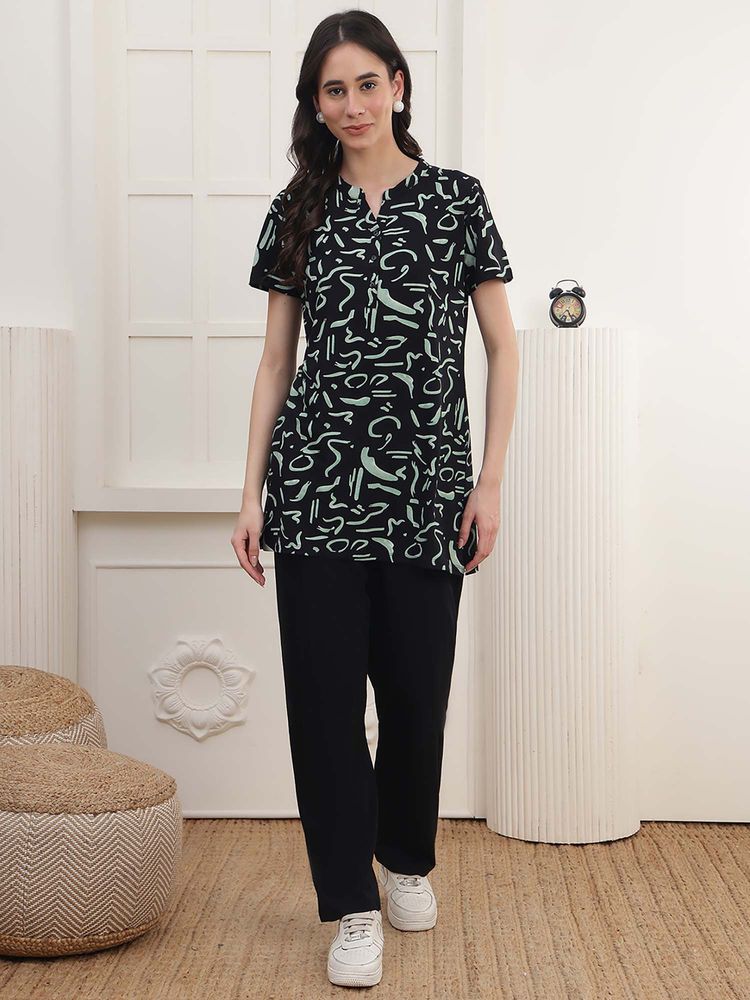 Kanvin Women Black-Green Printed Top and Pyjama-image-2