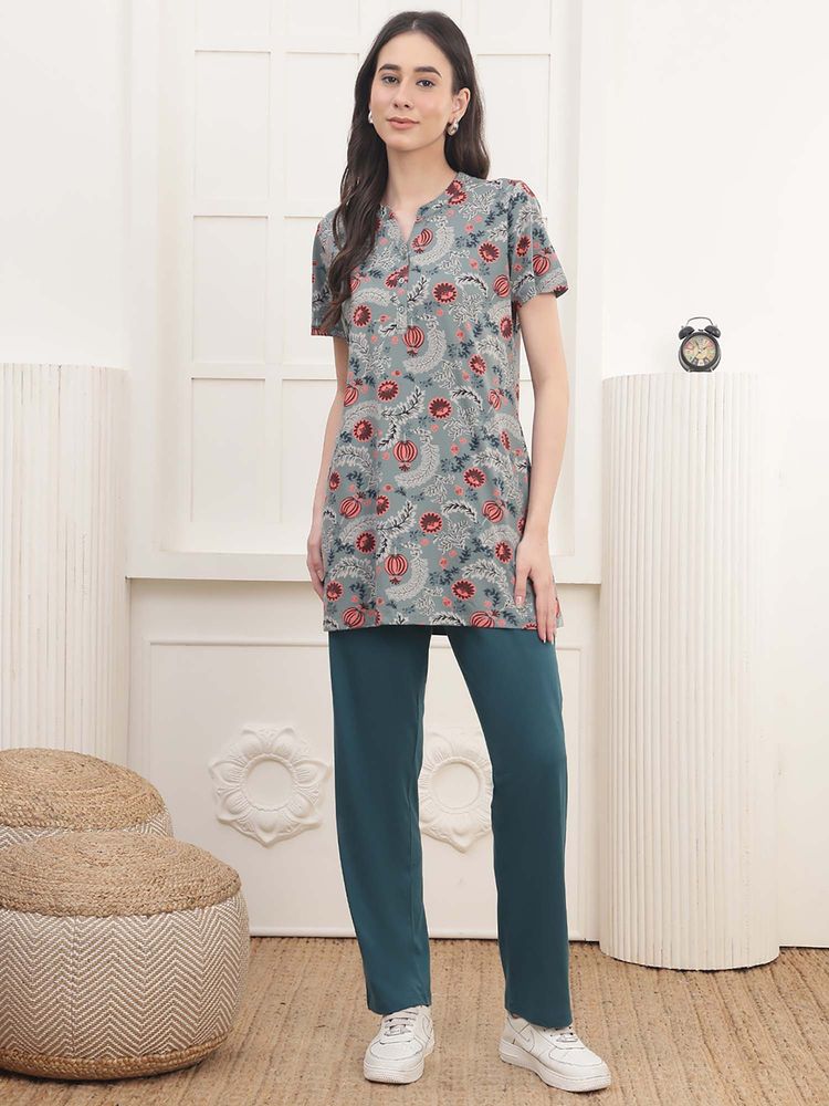 Kanvin Women Teal Floral Printed Top and Pyjama-picture-23