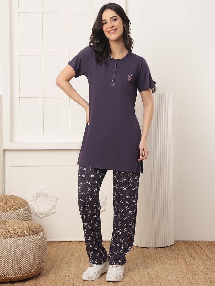 Kanvin Women Purple Floral Embroidered Top and Pyjama-picture-19