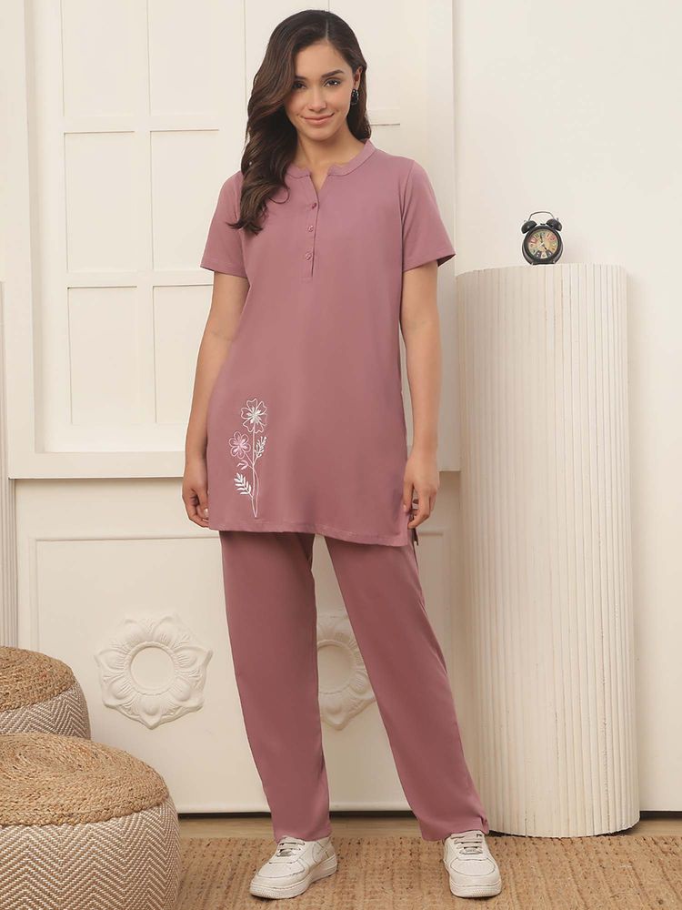 Kanvin Women Pink Floral Embroidered Top and Pyjama-picture-26