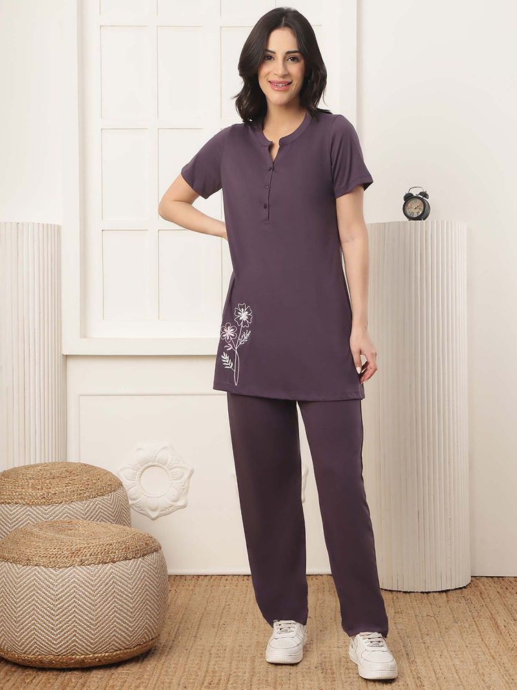 Kanvin Women Purple Floral Embroidered Top and Pyjama-picture-14
