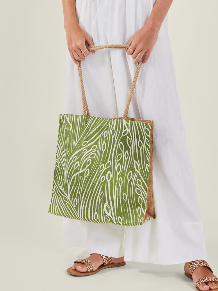 Accessorize London Women's Green Leaf Print Jute Shopper Beach Tote Bag-picture-13