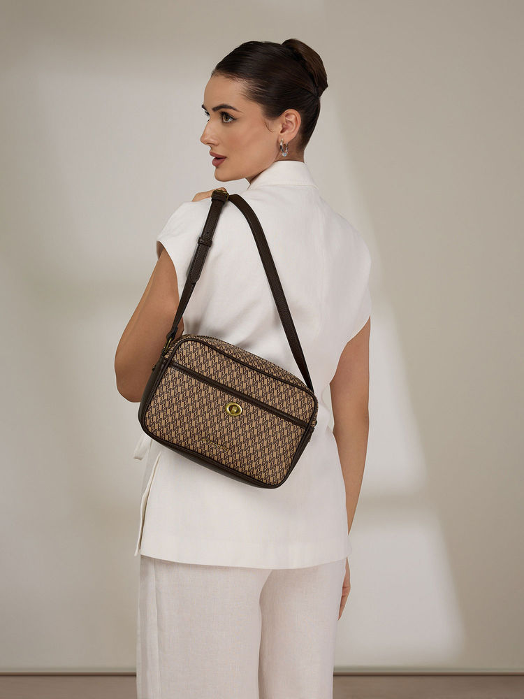 Accessorize London Women's Brown Monogram Printed Sling Bag-picture-18