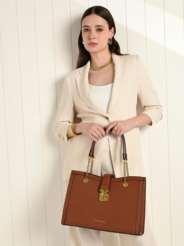 Accessorize London Women’s Brown Rhythm Structured Tote Bag with Chain Handles-image-47
