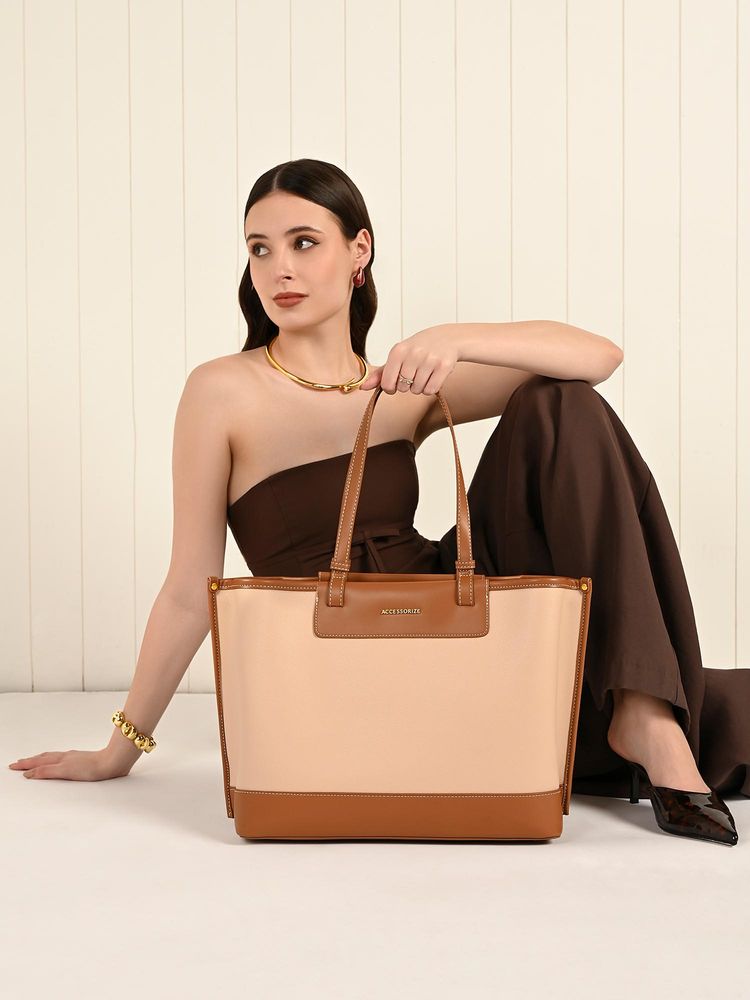 Accessorize London Women’s Beige and Tan Two-Tone Adore Tote Bag-image-5