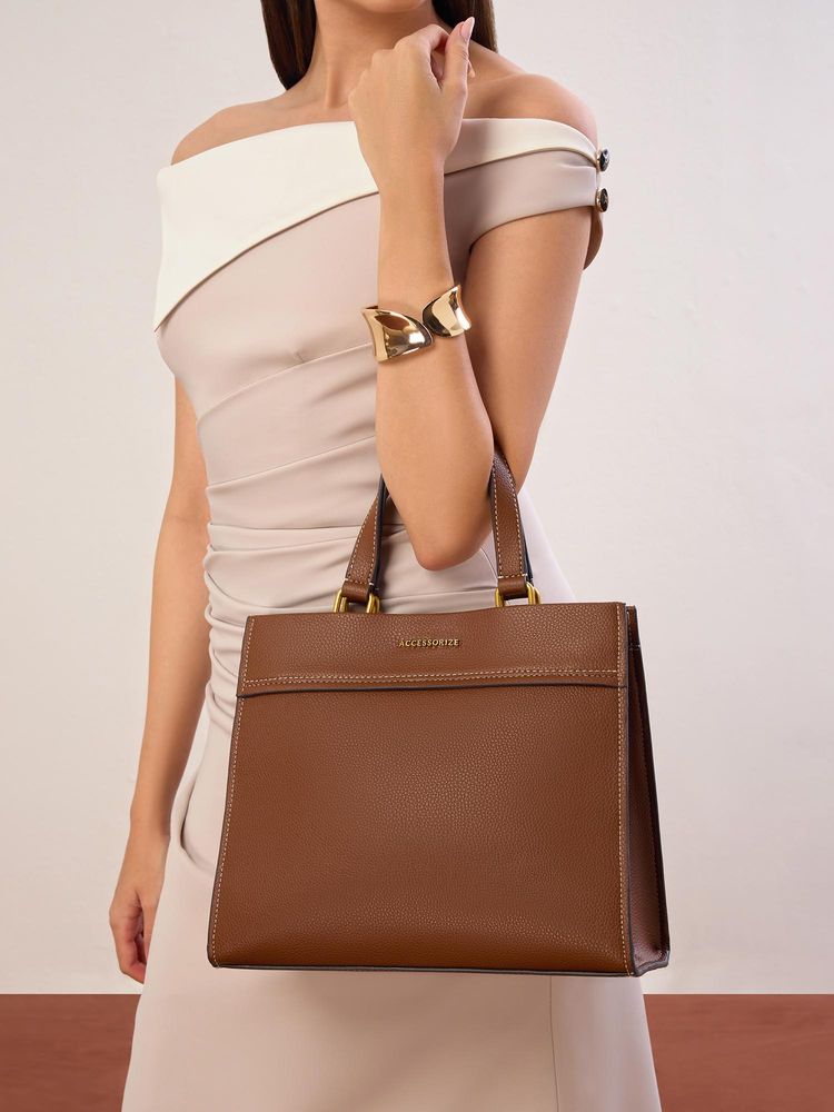 Accessorize London Women's Brown Jim Structured Work Handheld Bag with Detachable Strap-picture-38