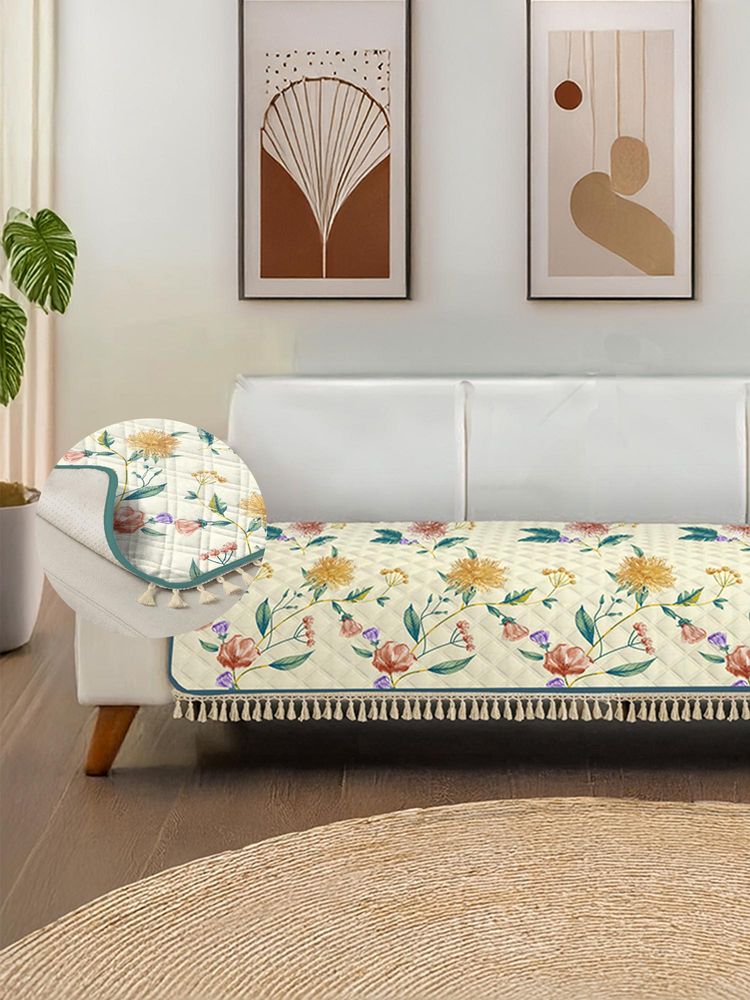 Urban Space White Tassels Petal Pop Quilted Microfibre Sofa Cover-image-46