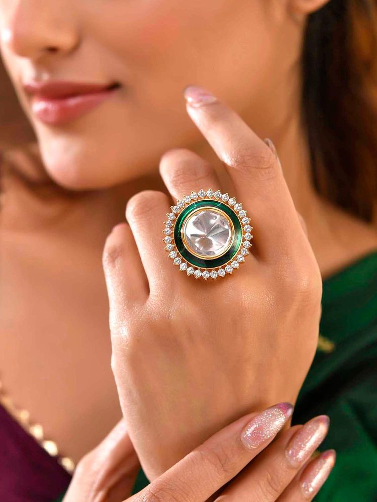 Voylla Kundan Opulance Chand Meena Emerald Ring (Adjustable)-image-1