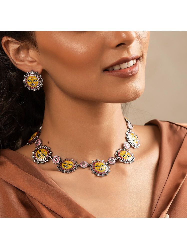 Voylla Madhubani Surya Sutra Oxidised Enamel Necklace Set-picture-45