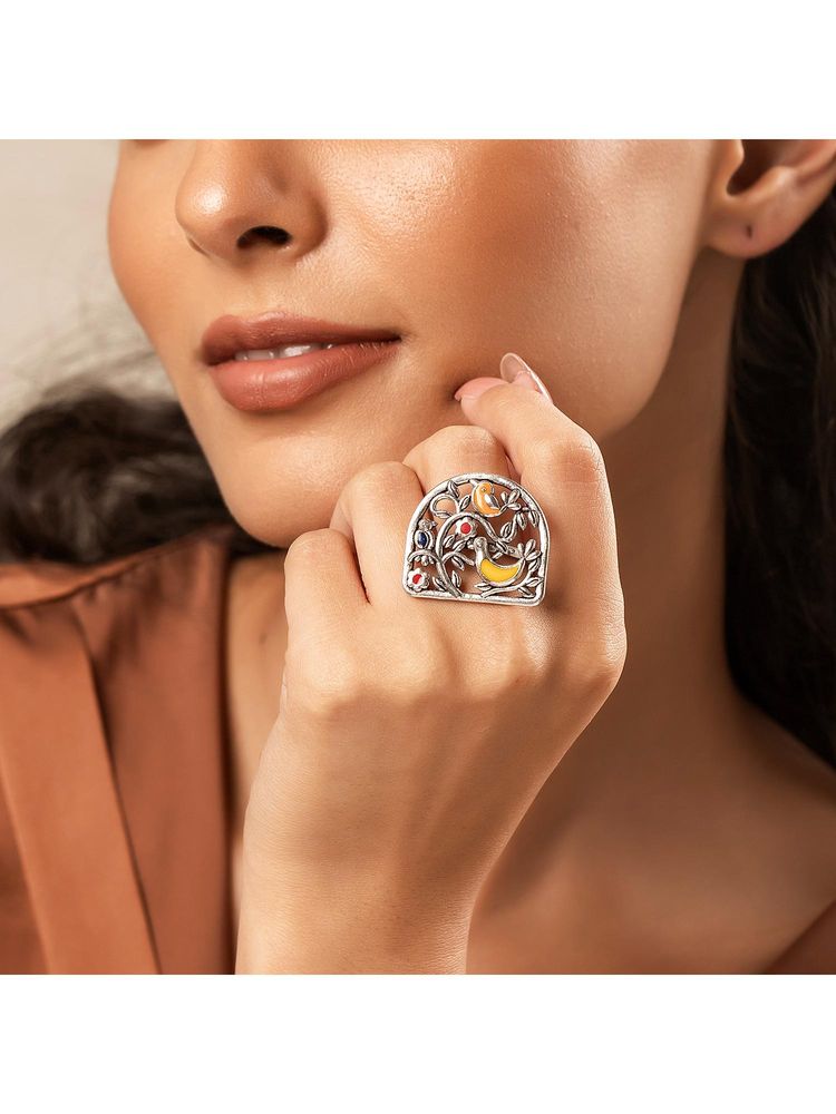 Voylla Madhubani Pakhi Oxidised Enamel Ring (Adjustable)-picture-23