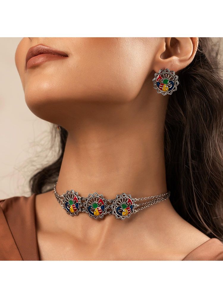 Voylla Madhubani Matsya Mayur Oxidised Enamel Choker Necklace Set-picture-31
