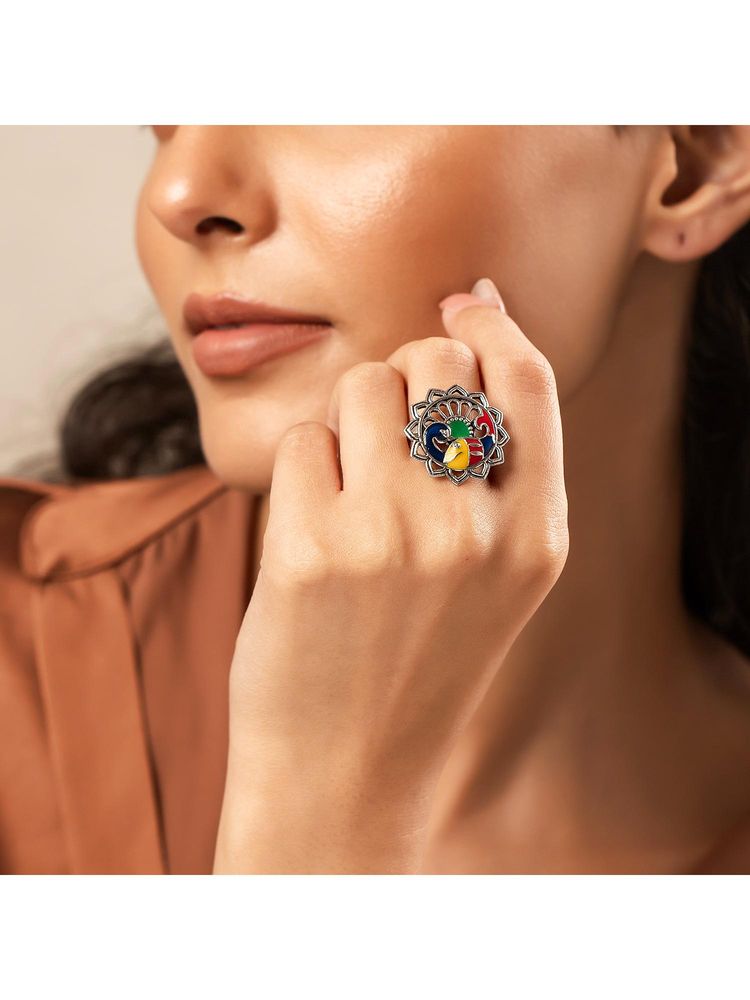 Voylla Madhubani Matsya Mayur Oxidised Enamel Ring (Adjustable)-picture-35