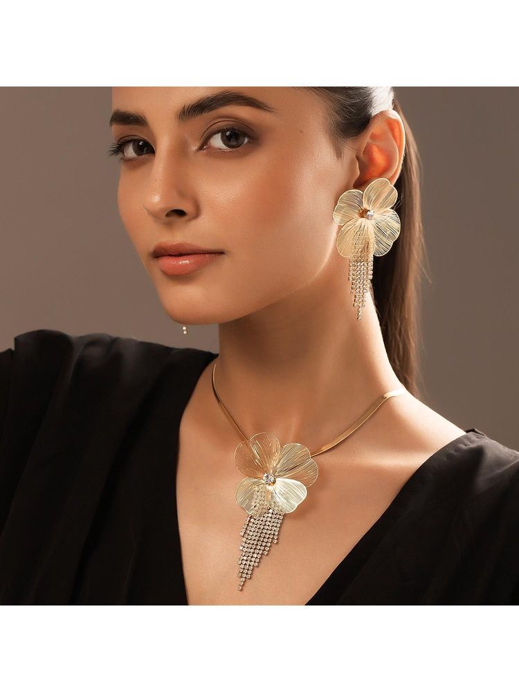 Voylla Blume Golden Bloom Cascade Statement Neacklace Set-picture-15