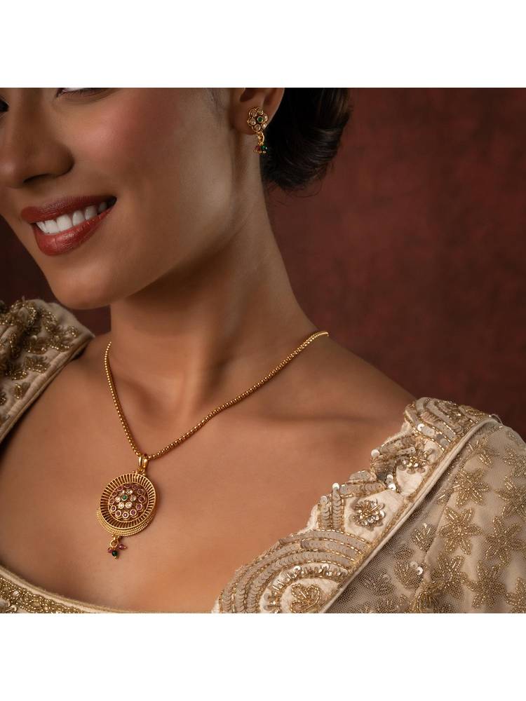 Voylla Gold Elegance Antique Floral Charm Neacklace Set-picture-30