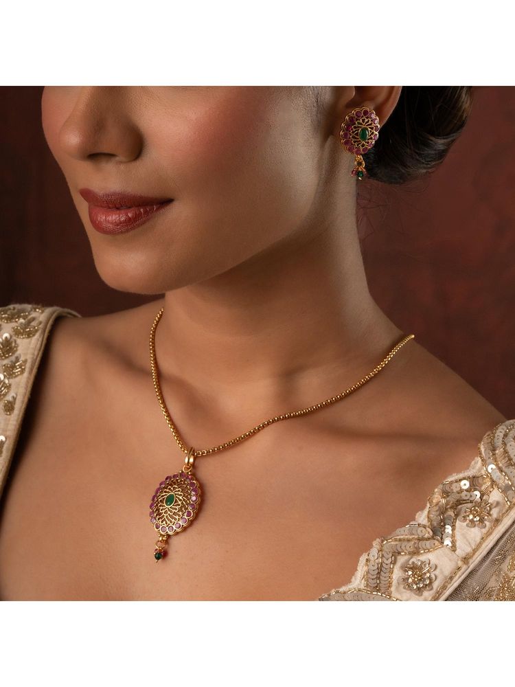 Voylla Gold Elegance Pink Blossom Traditional Neacklace Set-image-31