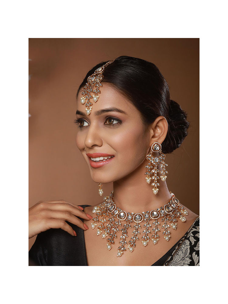 Aatmana Gold Plated Zircon Stone Studded and Pearl Beaded Jewellery Set-image-7
