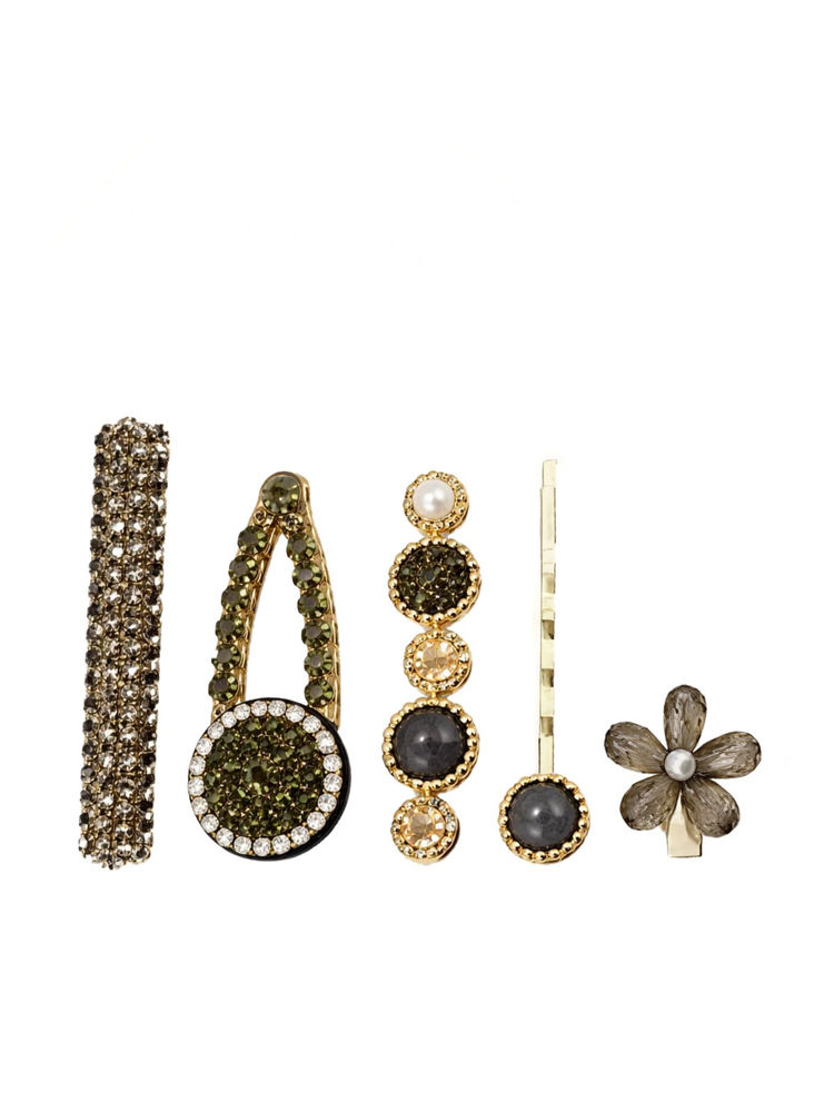 Matra Hair Clips Fancy Rhinestone Barrettes & Flower Claw Clutchers Crystal Stone Pins Set - Black-image-46