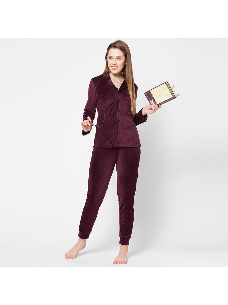 Drape In Vogue Women Wine Velvet Solid Night Suit - Maroon