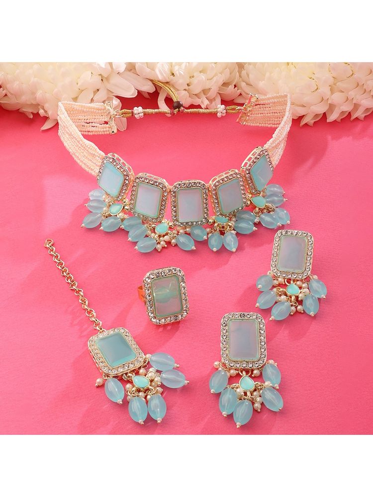 Zaveri Pearls Turquoise Multistrand Necklace Earring Maangtikka & Ring Set-ZPFK15452-picture-20