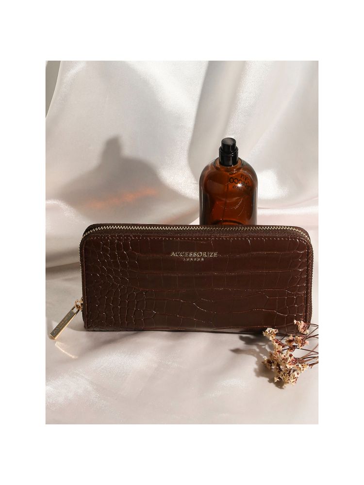 Accessorize London Womens Faux Leather Brown Adela Croc Zip Around Large Wallet-image-24