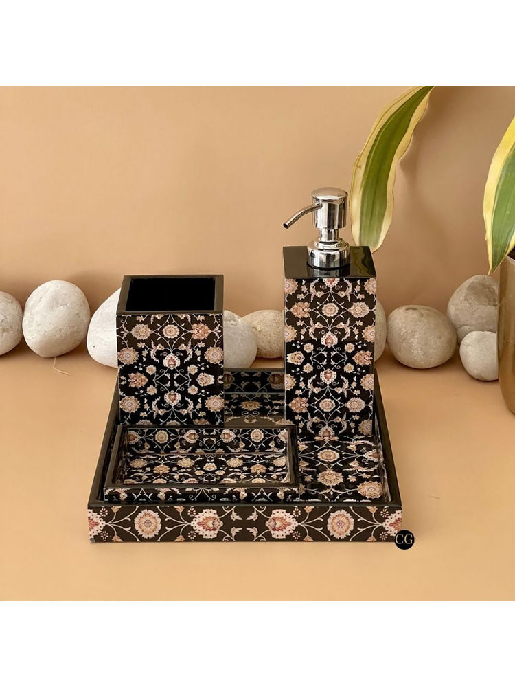 CasaGold Wooden Bathroom Black & Gold Marble Luxury Bath Accessories (Set of 4)-picture-25
