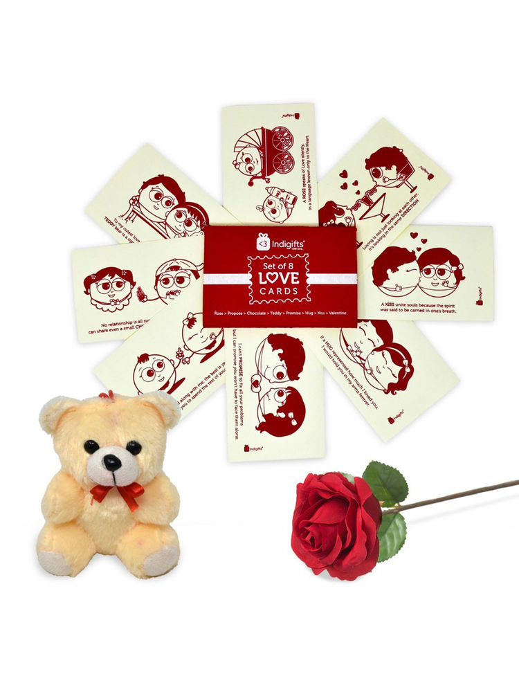 Indigifts Love Story Postcard Combo with Small Teddy and Rose Valentine Gift-image-6