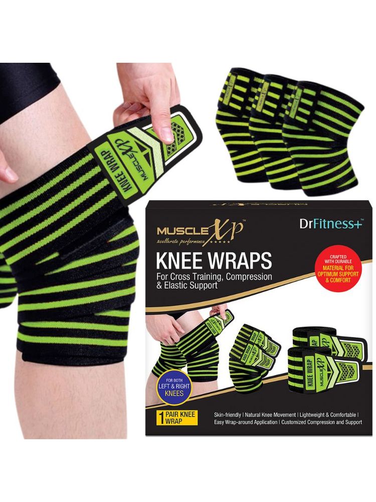 MuscleXP Drfitness+ Knee Wraps For Cross Training, For Both Left & Right Knees, (Black & Green)