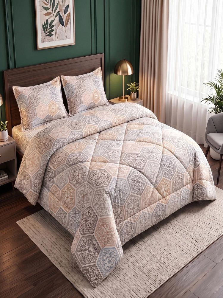 Threadwear Off White Floral Queen Bedsheet With 2 Pillow Covers & Comforter-picture-12