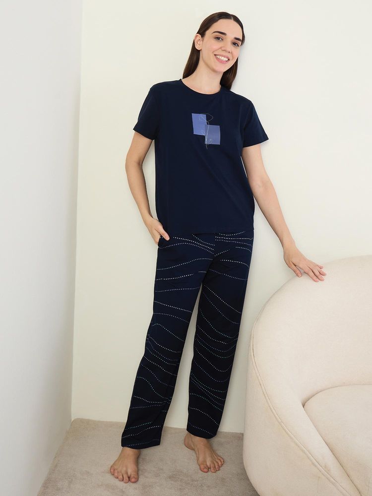 Sweet Dreams Womens Graphic Printed Pyjama With Top Navy Blue-picture-14